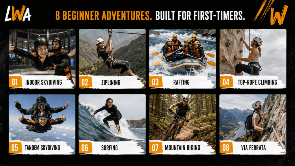 Beginner participants experiencing several different guided adventure activities.