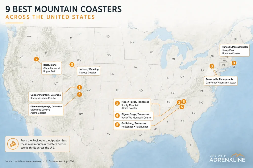 Map of the United States showing nine of the best alpine coasters mountain destinations compared in the guide.