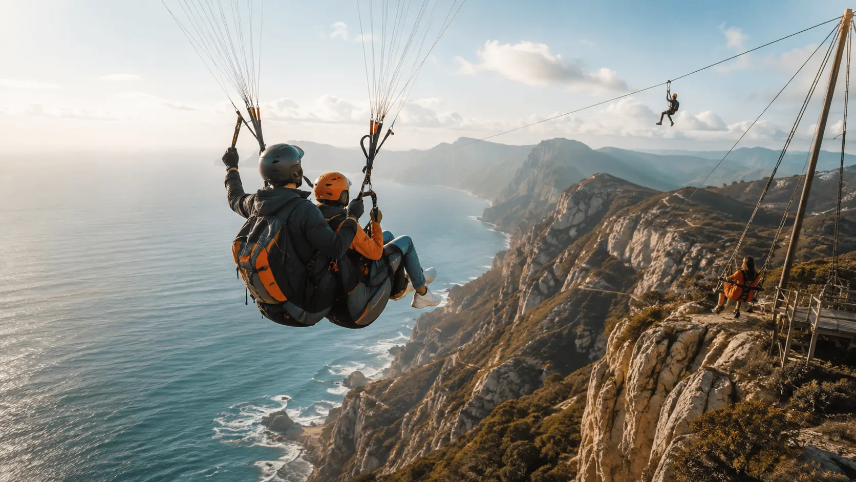 Tandem paragliding above coastal cliffs with ziplining and aerial adventure experiences in the mountains.
