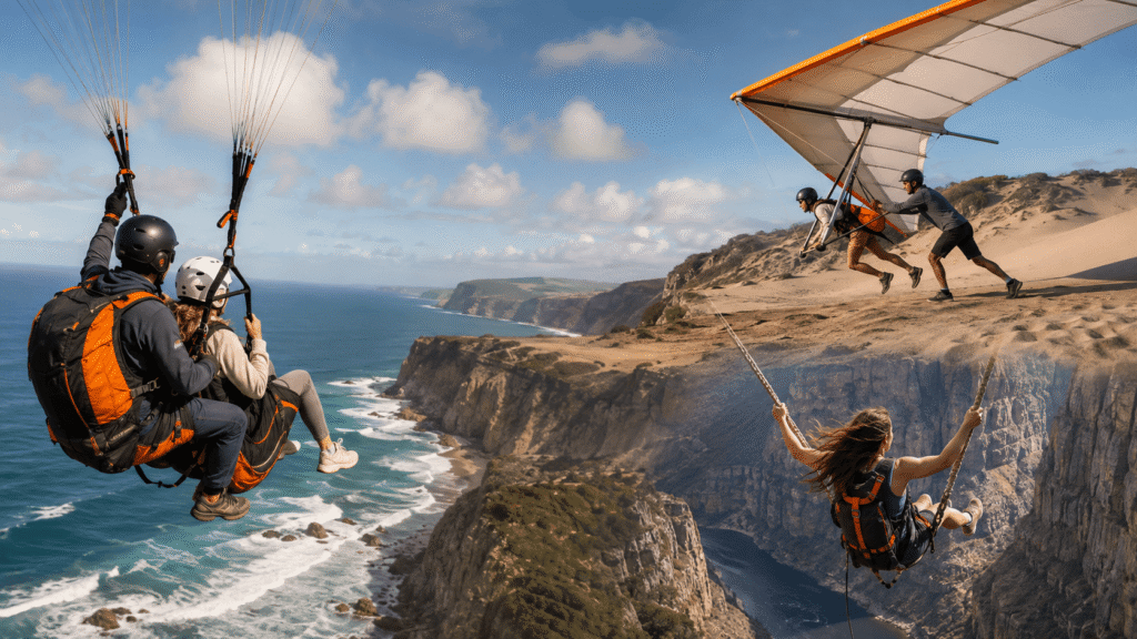 Paraglider, tandem skydiver and via ferrata climber in outdoor settings.