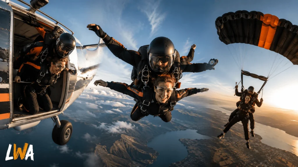 First-time skydiving with an instructor during aircraft exit, freefall, and parachute flight.