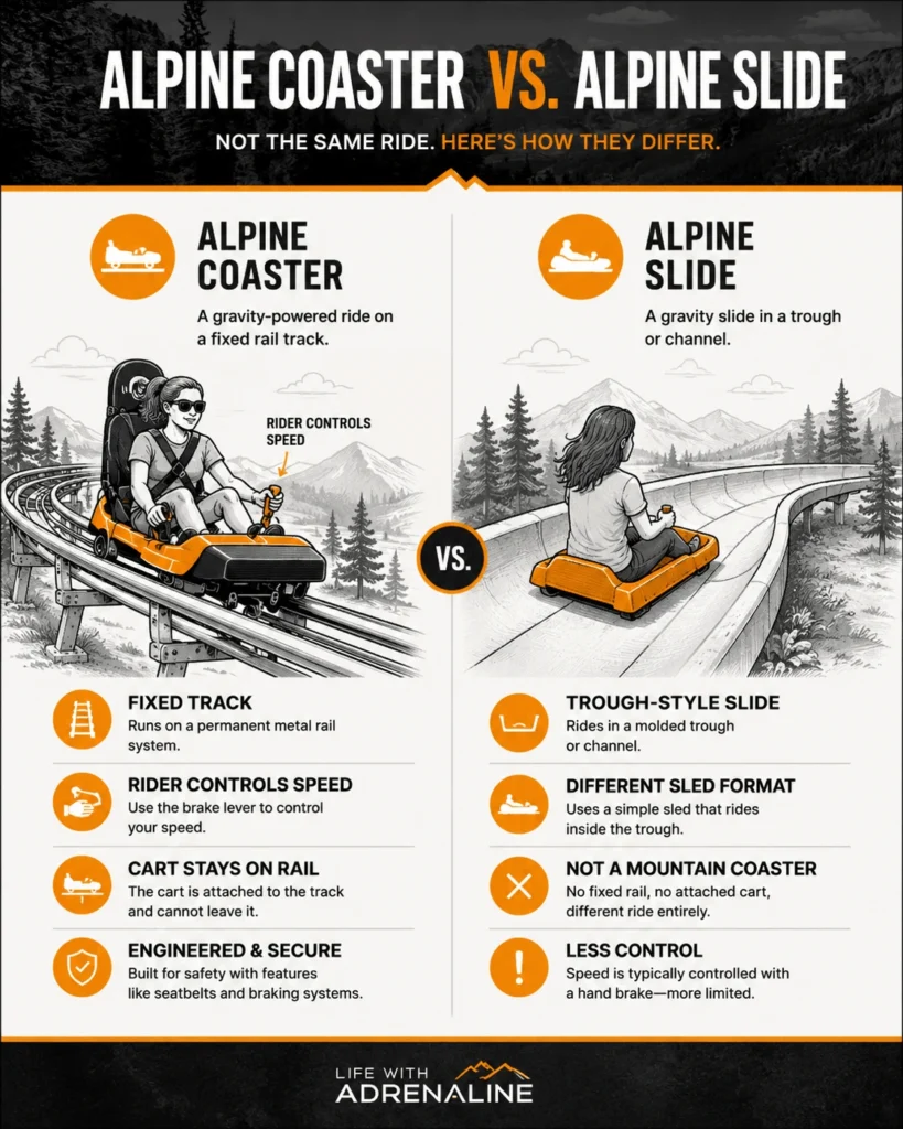 Diagram comparing a fixed-track alpine coaster with an alpine slide running through a trough.