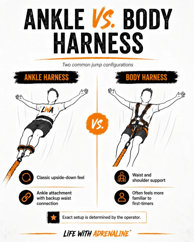 Comparison of ankle harness and body harness configurations for bungee jumping.