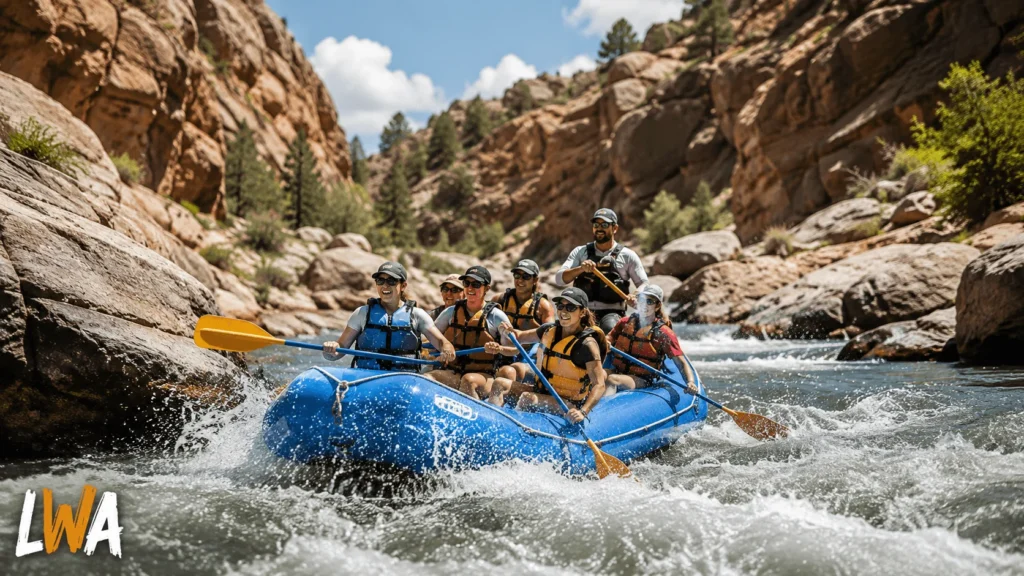Rafting crew paddling moderate whitewater through a rocky Colorado canyon.