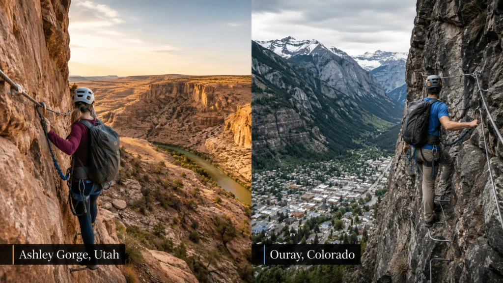 Split comparison of climbers on Ashley Gorge Via Ferrata in Utah and Ouray Via Ferrata in Colorado.
