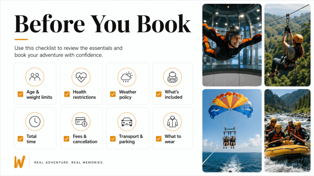 Checklist showing what beginners should verify before booking an adventure activity.