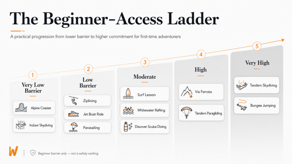 Graphic comparing best adrenaline activities from low to high beginner commitment.
