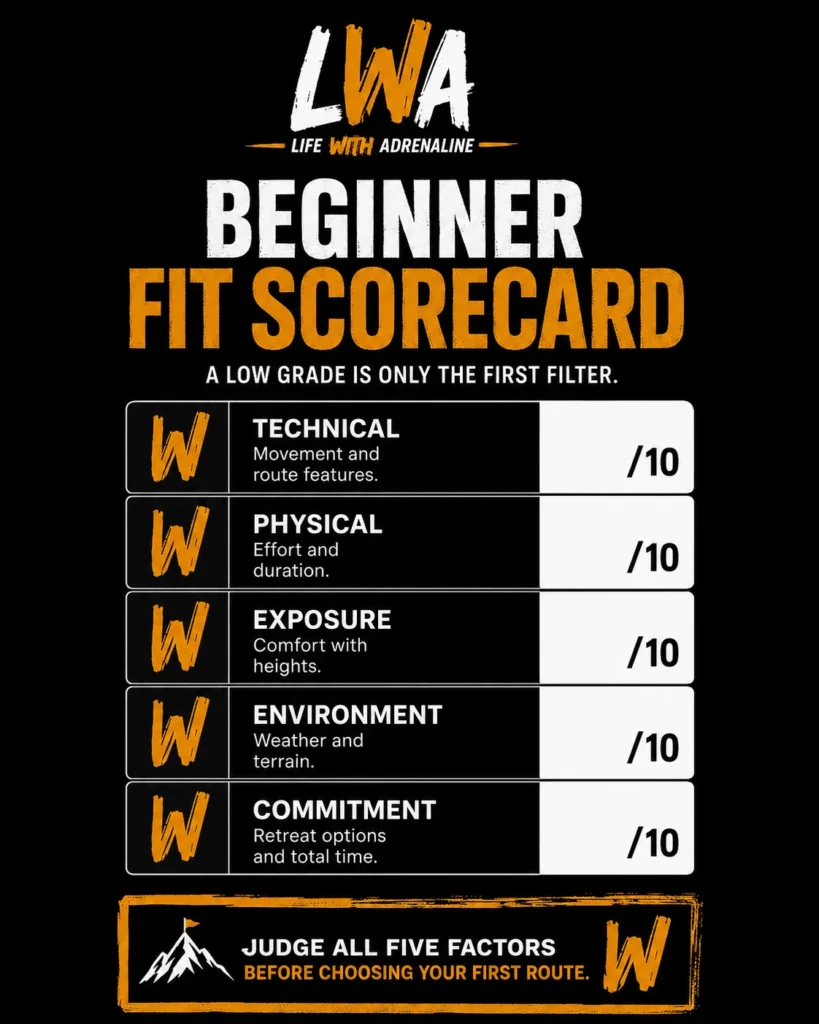Five-factor beginner via ferrata route checklist for technical difficulty, physical effort, exposure, environment, and commitment.