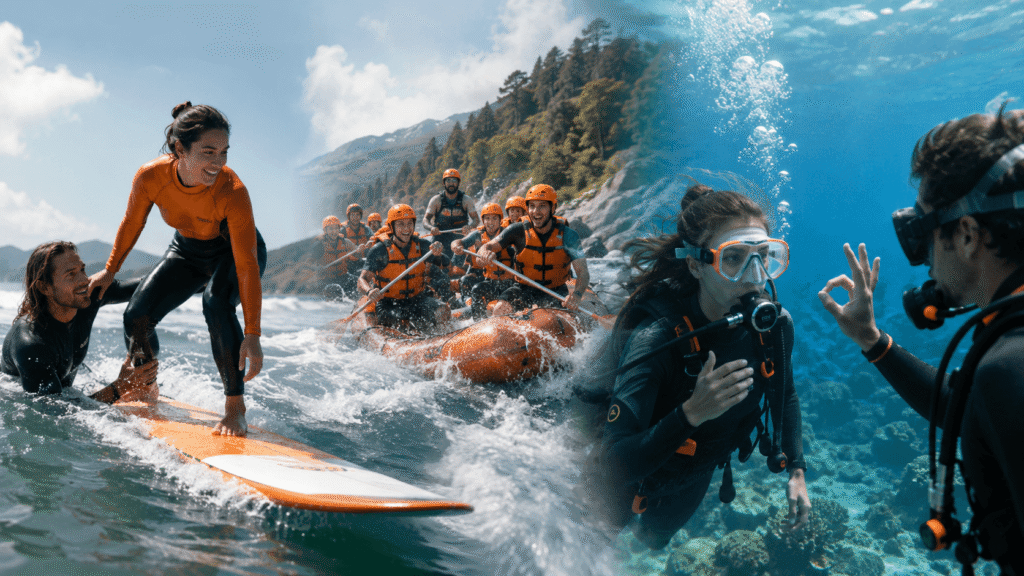 Beginner rafting, surfing and scuba experiences.