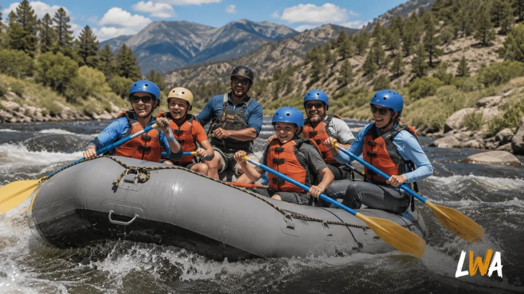 Beginner rafting group paddling moderate whitewater in a Colorado mountain setting.