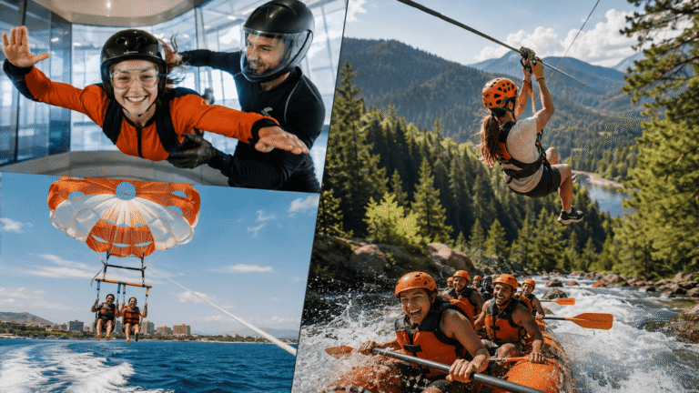 Beginners taking part in several outdoor and aerial Best Adrenaline Activities in the USA for Beginners.