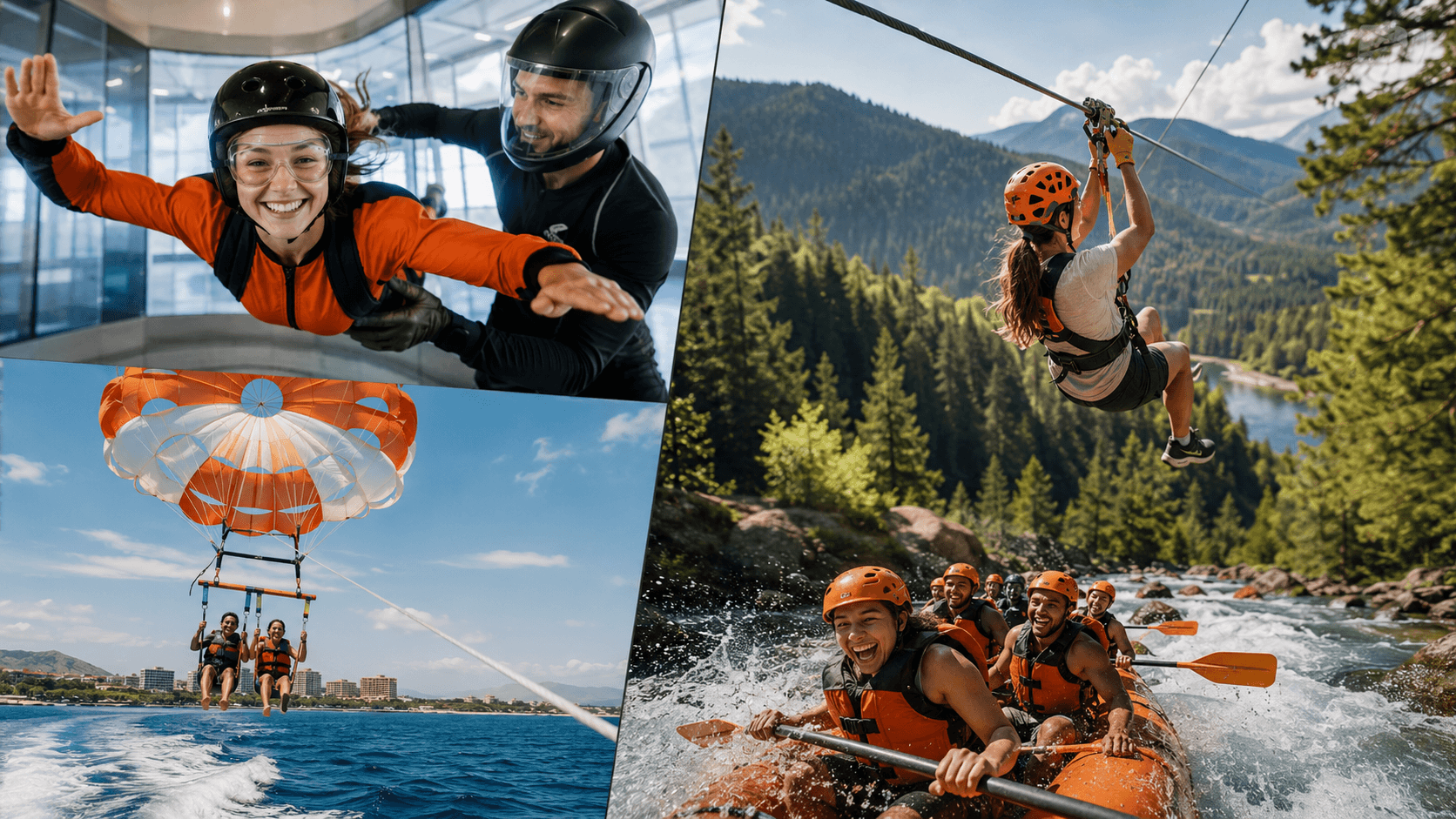 Beginners taking part in several outdoor and aerial Best Adrenaline Activities in the USA for Beginners.
