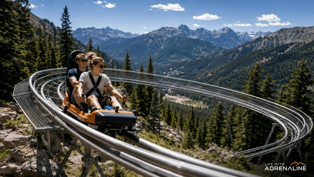 Riders descending a fixed-track alpine coaster through scenic mountain terrain.