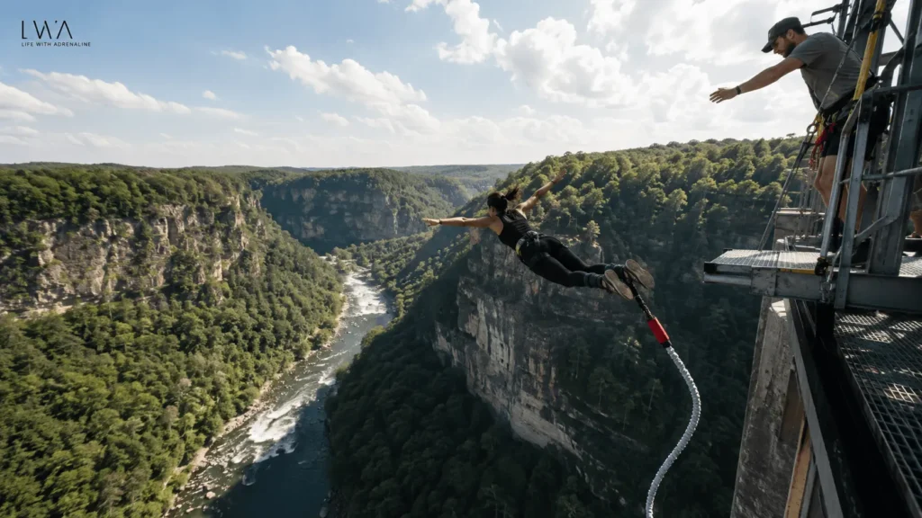 Bungee jumper diving from a commercial jump platform above a dramatic U.S. gorge.