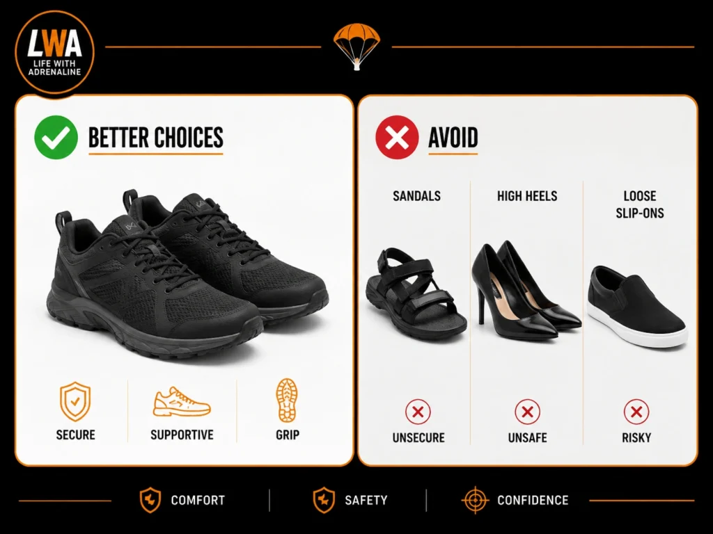 Secure lace-up athletic shoes compared with sandals, high heels and loose slip-on shoes for skydiving.