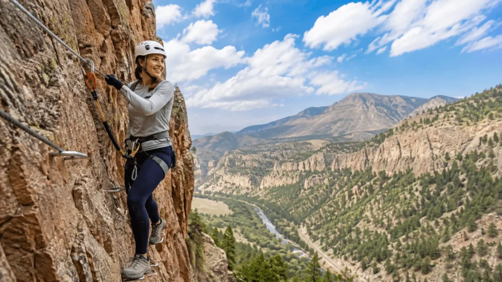 Via ferrata climber wearing a helmet and harness on an exposed protected cliff route in the United States.