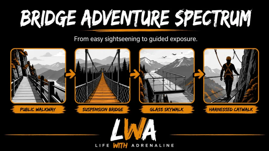 Editorial comparison graphic showing Best Bridge Walks formats from public pedestrian walkway to harnessed catwalk.
