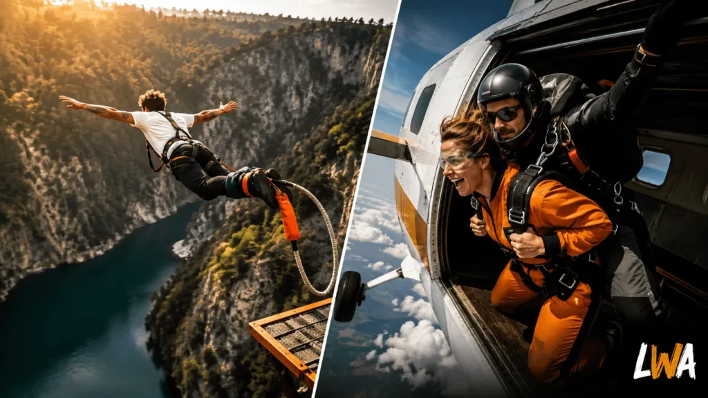 Split comparison of bungee jumping vs skydiving showing a bungee jumper leaving a platform and a first-time tandem skydiver exiting an aircraft.