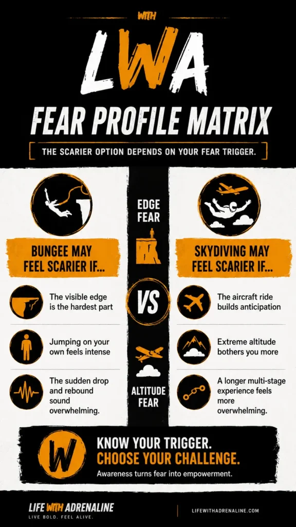Fear profile matrix comparing bungee jumping vs skydiving based on edge fear, altitude fear, and different first-time fear triggers.