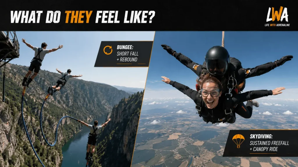 Side-by-side comparison of bungee jumping rebound and tandem skydiving freefall showing how the body sensations differ.