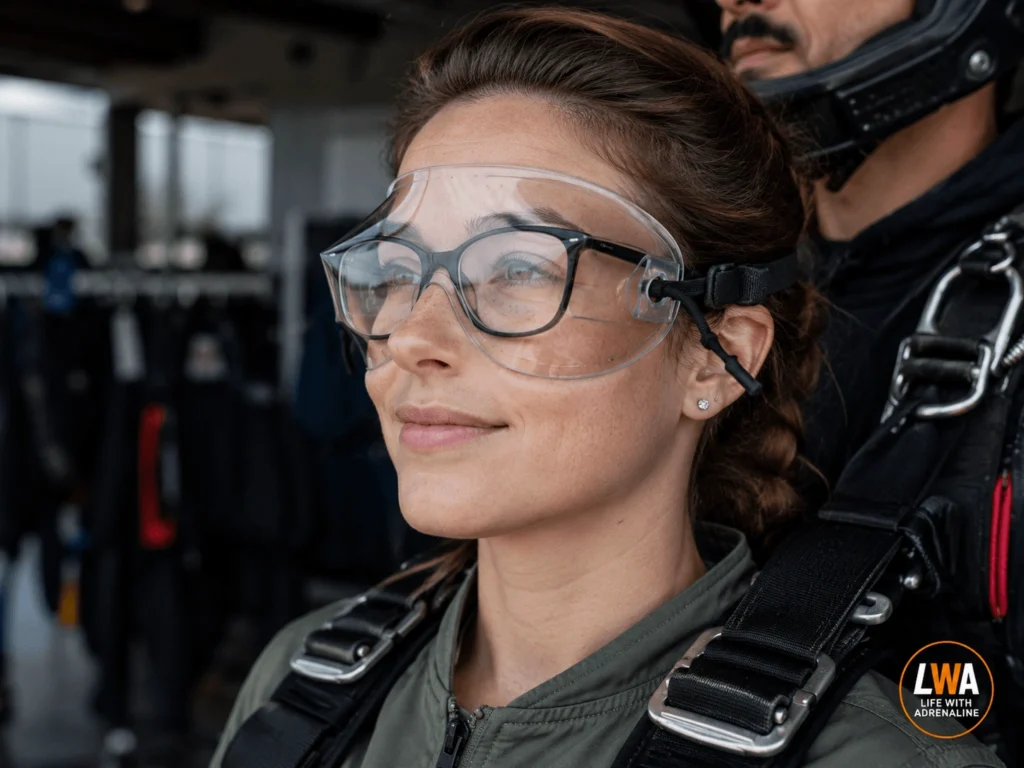 First-time tandem skydiver wearing protective skydiving goggles over prescription glasses before a jump.