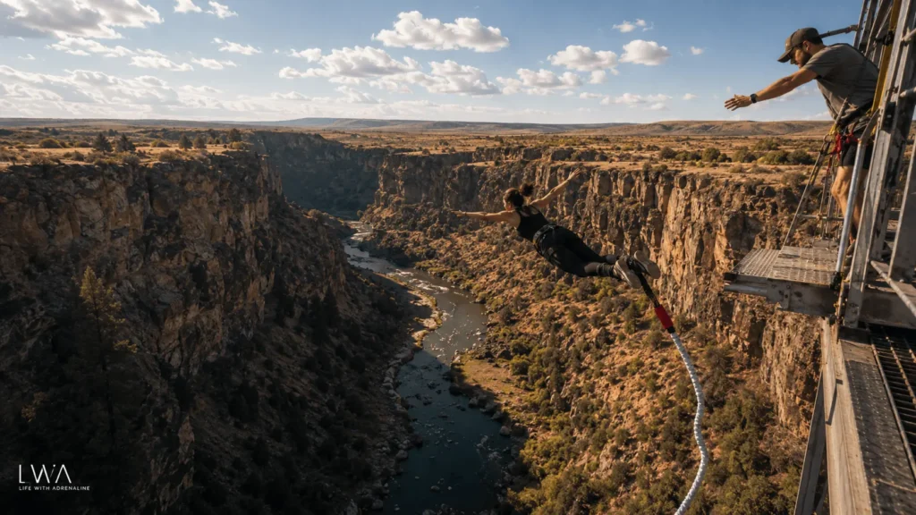 Bungee jumper diving above a rocky Oregon gorge with a river far below.