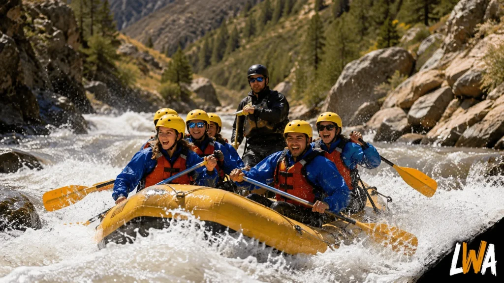 Beginner rafting crew paddling Class II–III style whitewater in a narrow Colorado mountain canyon.