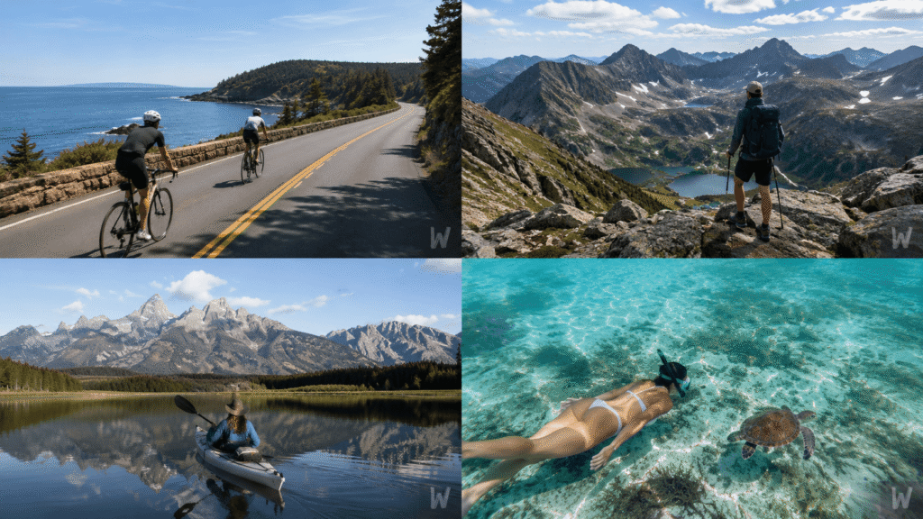 Cyclists, mountain hikers, paddlers and snorkelers in American outdoor destinations.