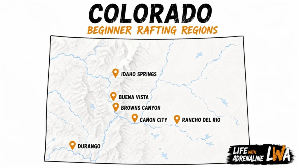 Map of Colorado beginner rafting areas including Idaho Springs, Buena Vista, Browns Canyon, Cañon City, Rancho del Rio and Durango.