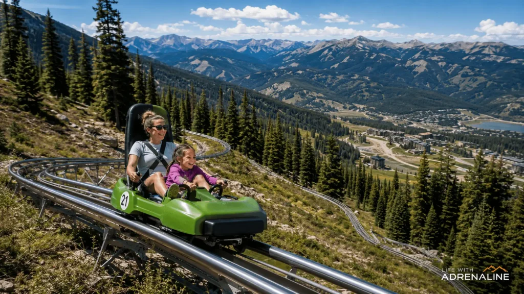 Mountain coaster riders descending through scenic Colorado mountain terrain.