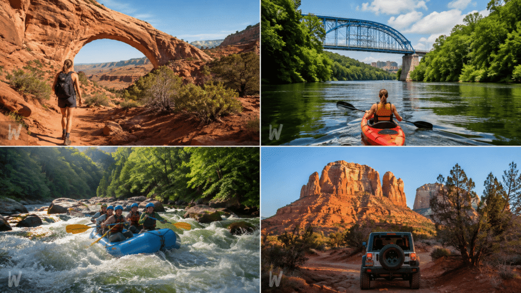 Desert hiking, river paddling, rafting and red-rock outdoor adventure scenes.