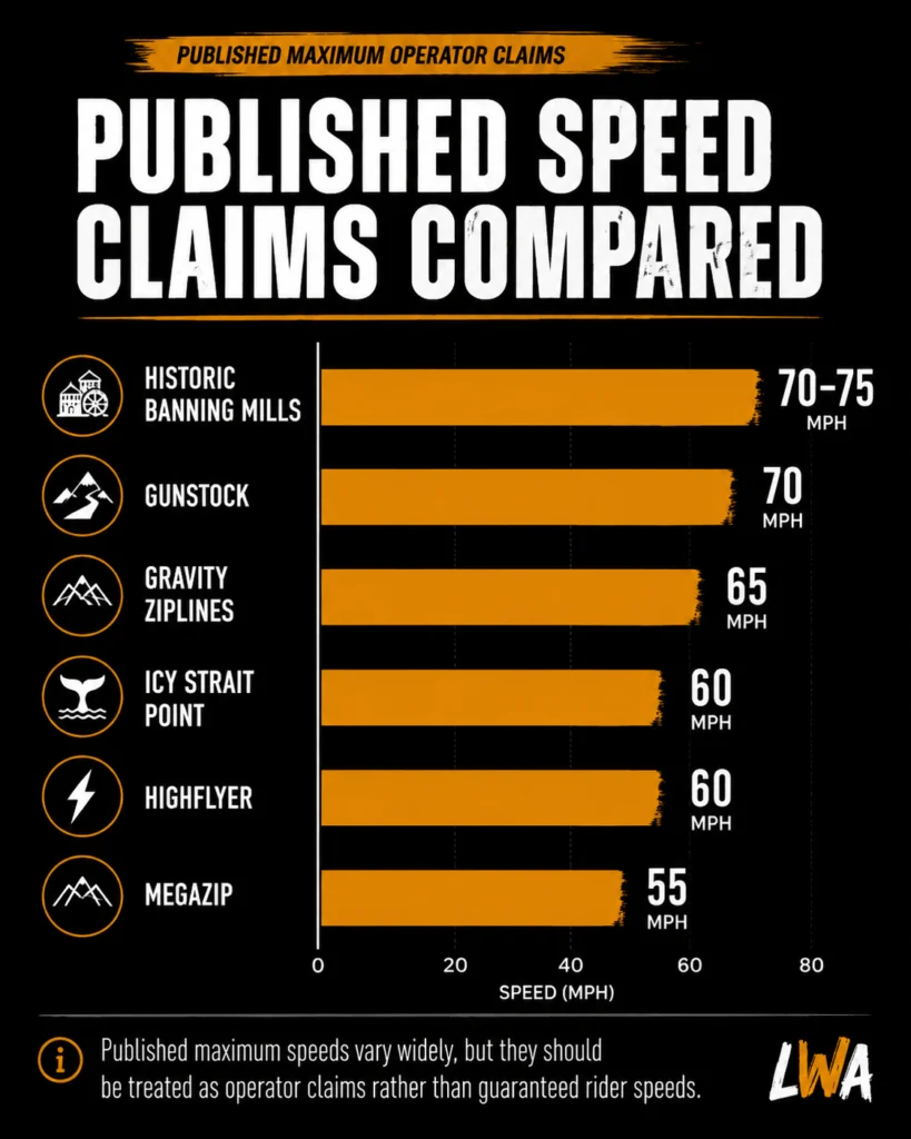 Bar chart comparing published maximum speeds for Historic Banning Mills, Gunstock, Gravity Ziplines, Icy Strait Point, HighFlyer and MegaZip.