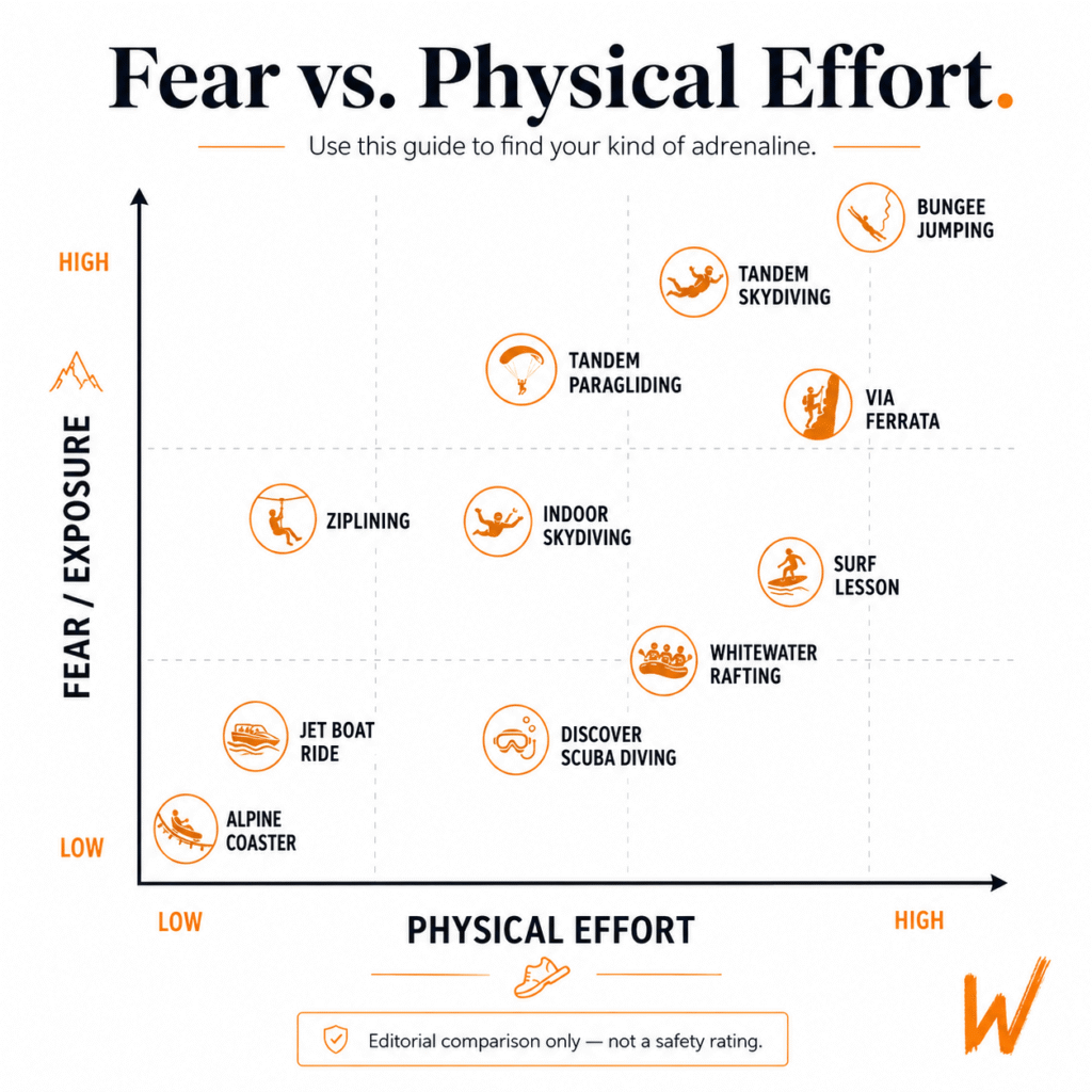 Matrix comparing fear and physical effort for beginner adrenaline activities.