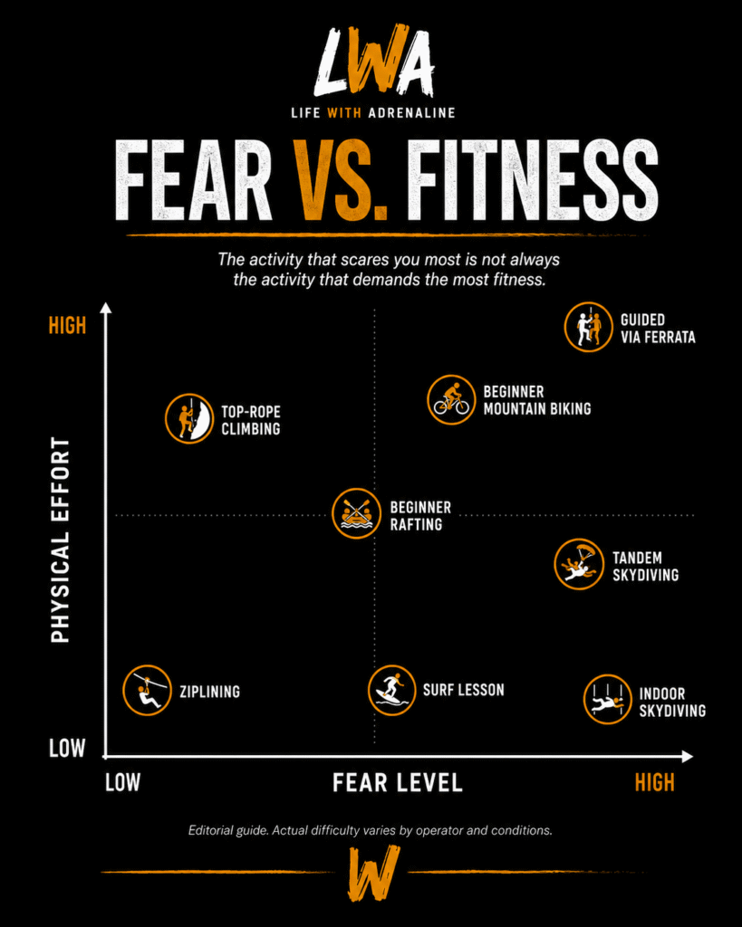 Chart comparing perceived fear and physical effort across beginner adventure activities.