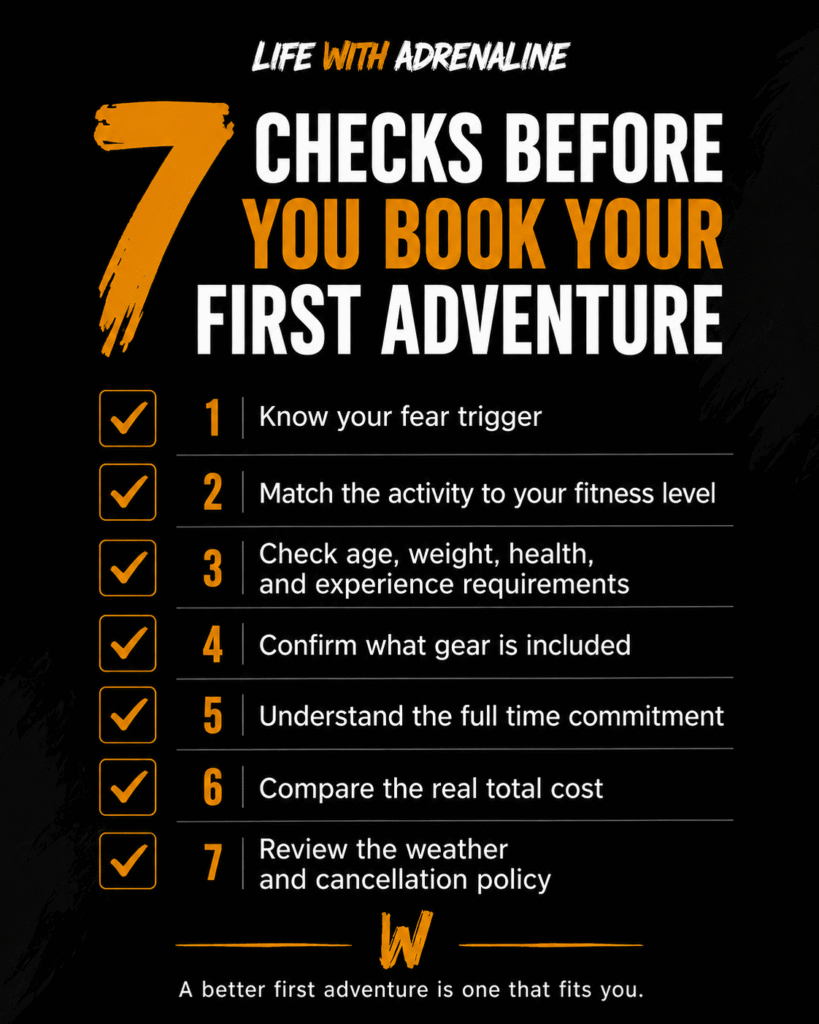 Checklist for planning and booking a first adrenaline activity.