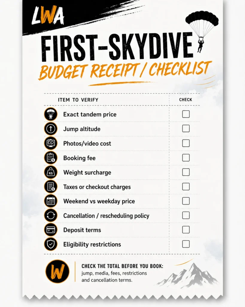 First-skydive budget checklist covering tandem price, altitude, video cost, booking fees, weight surcharges, and cancellation terms.