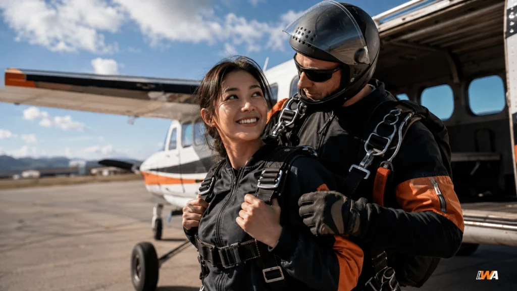 First-time tandem skydiver preparing with an instructor beside an aircraft before a jump.