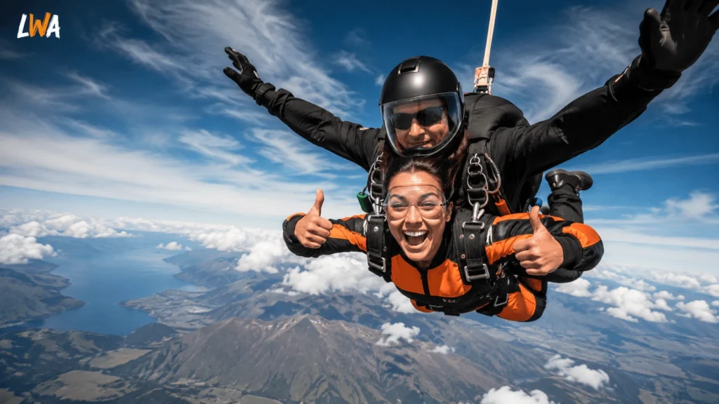 First-time tandem skydiver in freefall with an instructor above a mountainous landscape.