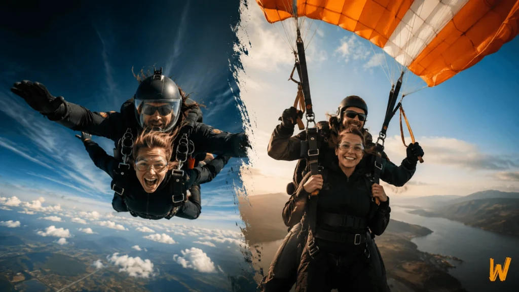 Tandem skydiver in fast freefall beside a calmer tandem parachute flight under an open canopy.