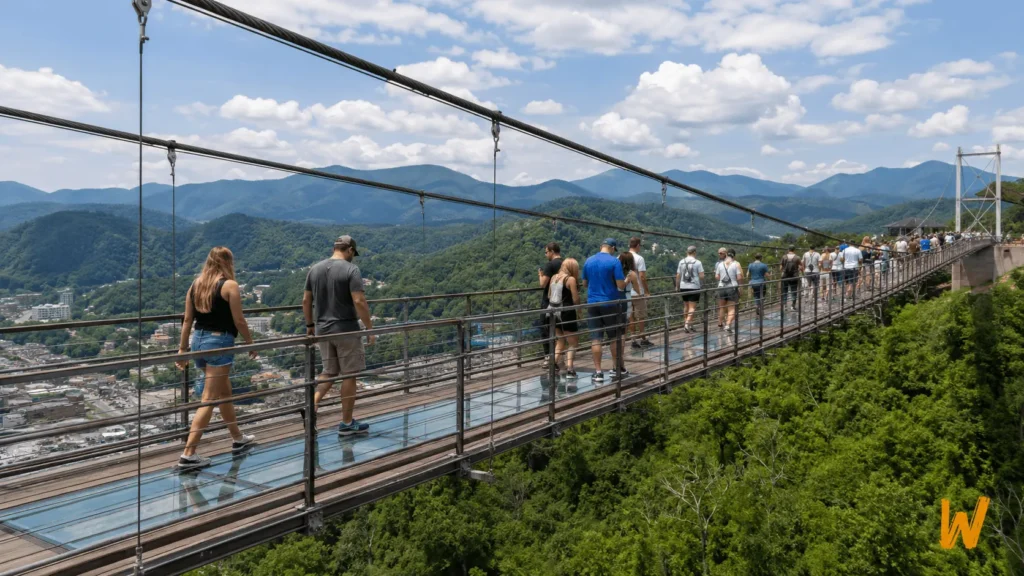Visitors crossing Gatlinburg SkyBridge high above Gatlinburg, Tennessee, with the Smoky Mountains beyond.