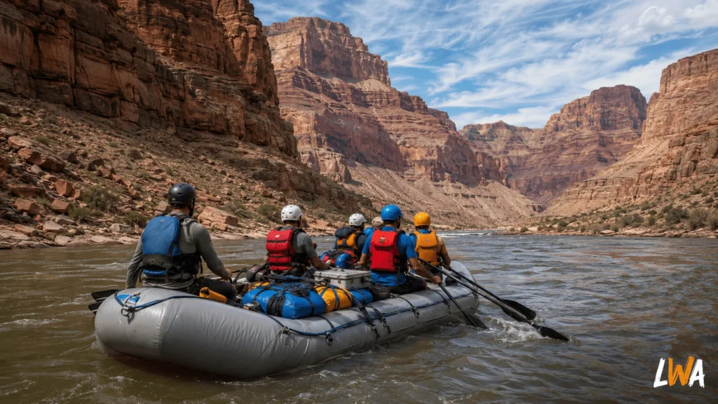 Guided rafting crew on the Colorado River beneath towering Grand Canyon walls during a multi-day Grand Canyon rafting trip.