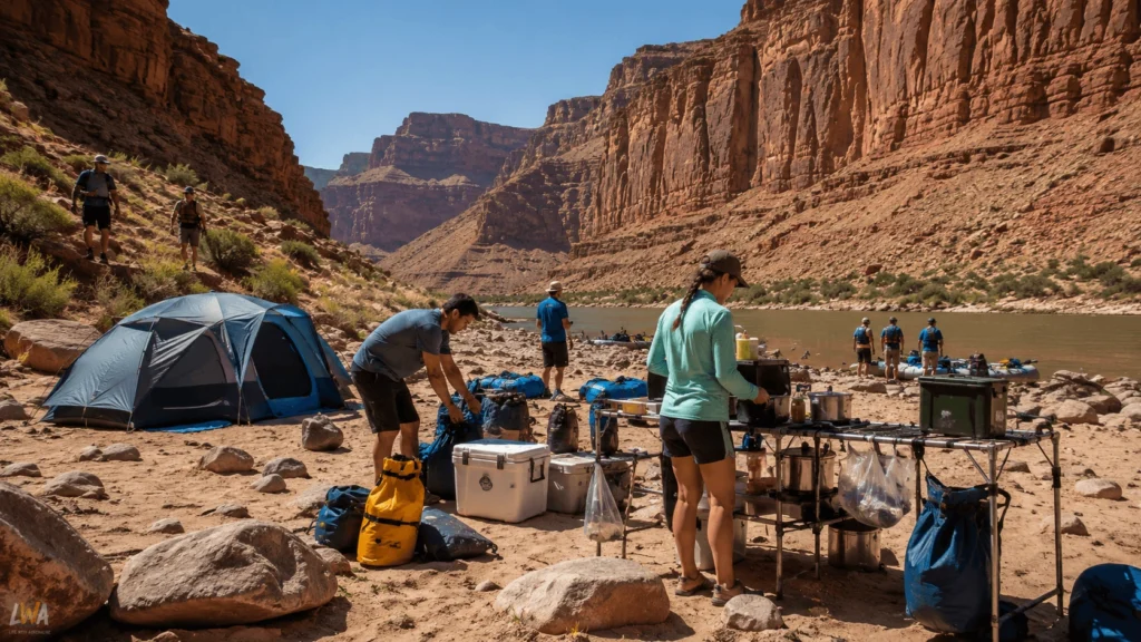 Rafters at a remote Grand Canyon river camp with desert cliffs, camping gear and the Colorado River during a multi-day trip.