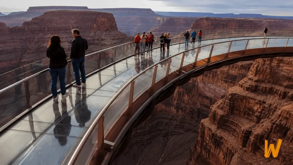 Visitors standing on the glass Skywalk at Grand Canyon West above the canyon.