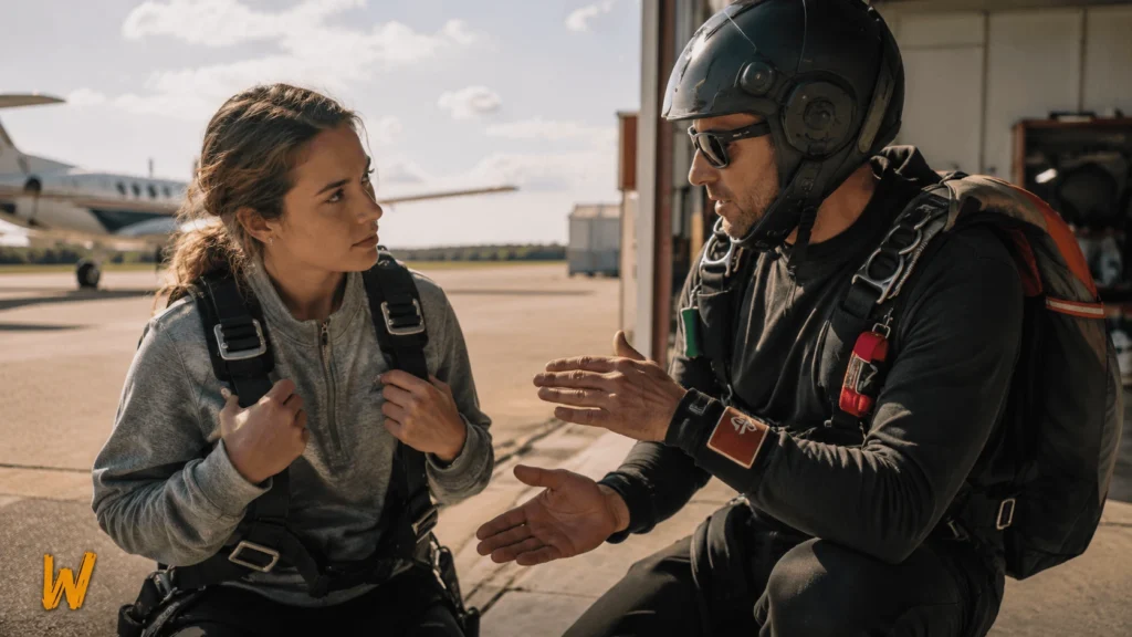 Tandem skydiving instructor briefing a first-time jumper wearing a harness before the flight.