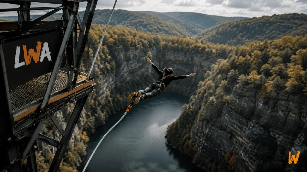 Bungee jumper descending above a quarry lagoon in Harpers Ferry, West Virginia.