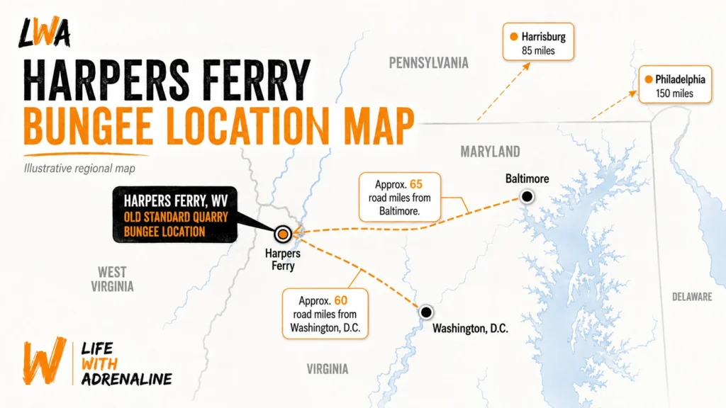 Map showing the Harpers Ferry bungee jumping location in West Virginia relative to Washington, D.C. and Baltimore.