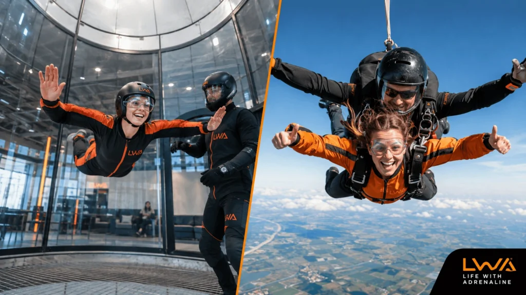 Beginner indoor skydiver in a vertical wind tunnel beside a first-time tandem skydiver in outdoor freefall.
