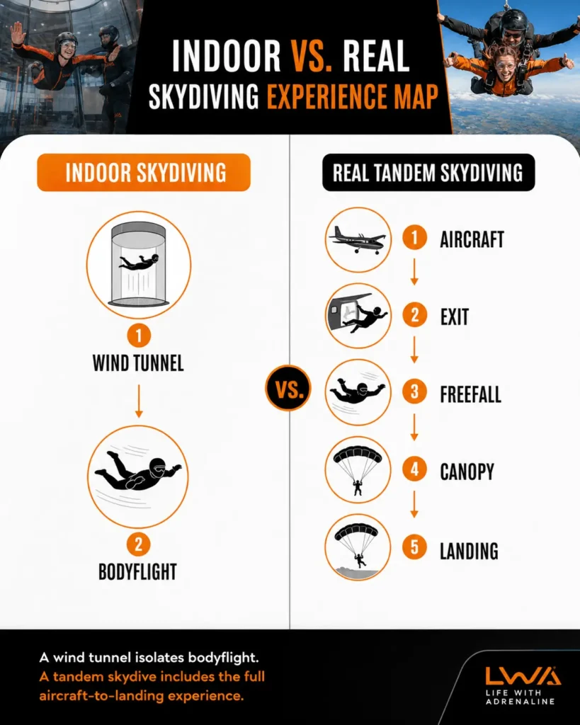 Indoor vs. real skydiving comparison showing wind tunnel bodyflight versus aircraft exit, freefall, canopy flight and landing.