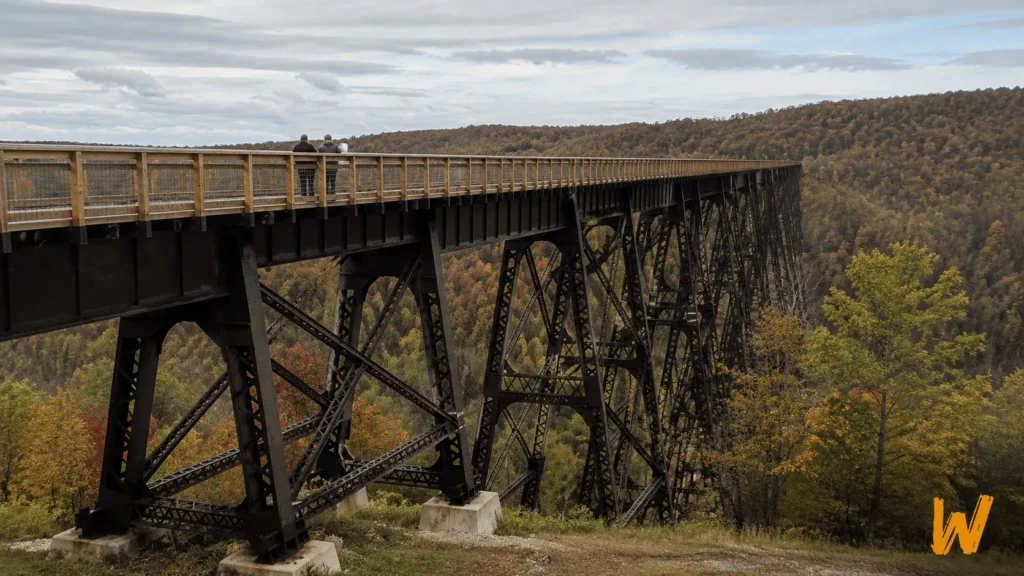 Kinzua Skywalk extending over the remaining railroad viaduct towers in Pennsylvania.