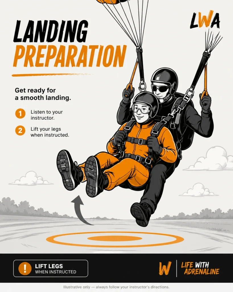 Illustration of a tandem skydiver lifting their legs while the instructor controls the approach to landing.